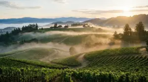 Sunrise over vineyard hills